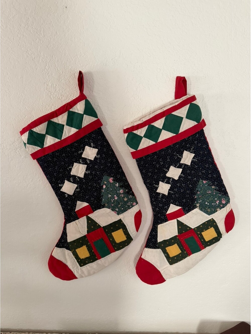 Vintage Quilted Christmas Stockings Set of 2 Cottagecore Patchwork